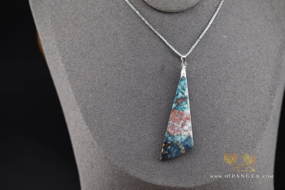 Chrysocolla Bacan - Petrified Wood Drop - Necklace - Italian Sterling Silver || JF2067