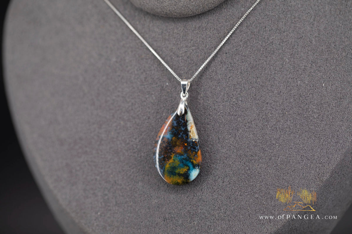Chrysocolla Bacan - Petrified Wood teardrop - Italian Sterling Silver - Necklace || JF2091