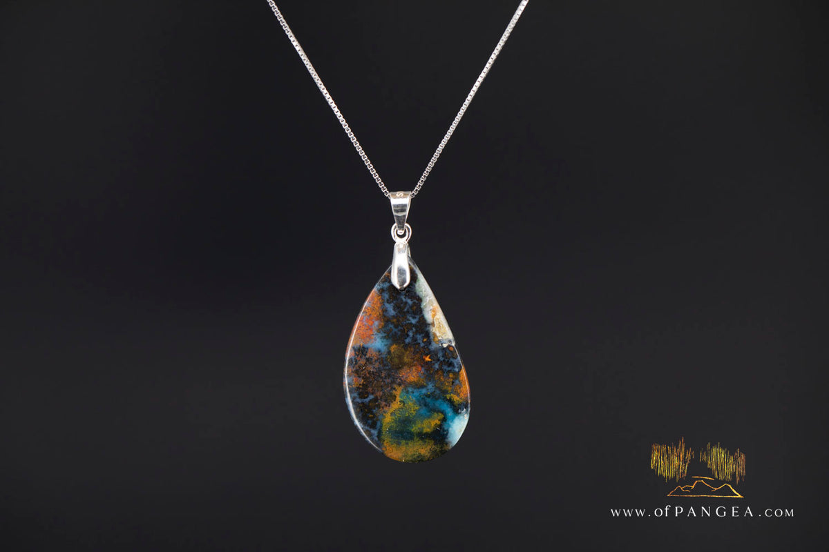 Chrysocolla Bacan - Petrified Wood teardrop - Italian Sterling Silver - Necklace || JF2091