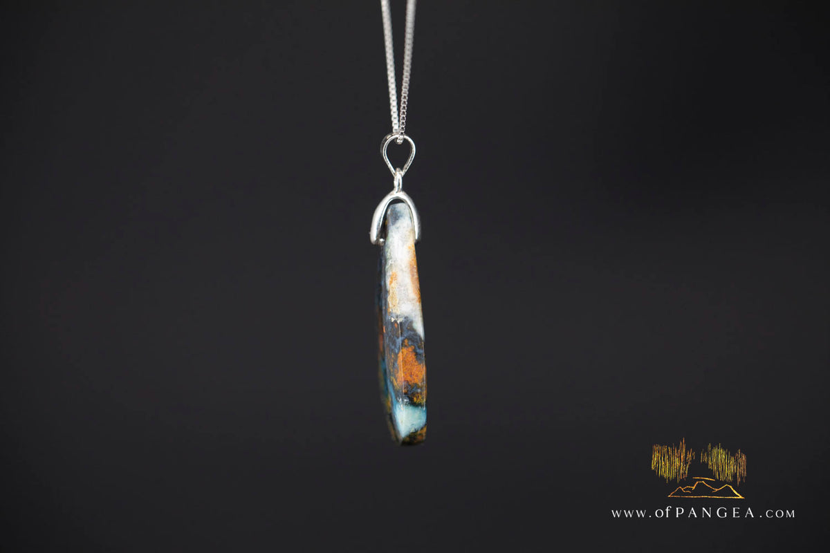 Chrysocolla Bacan - Petrified Wood teardrop - Italian Sterling Silver - Necklace || JF2091