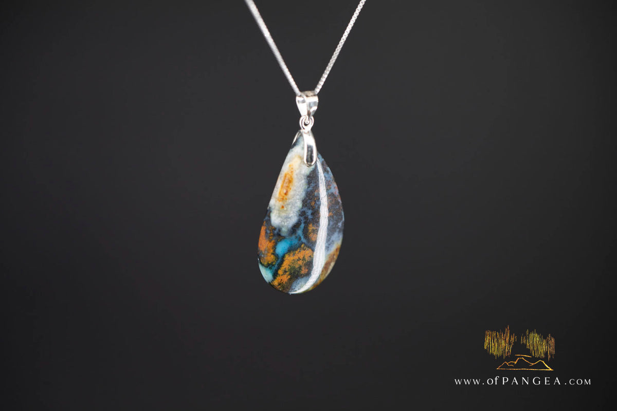 Chrysocolla Bacan - Petrified Wood teardrop - Italian Sterling Silver - Necklace || JF2091