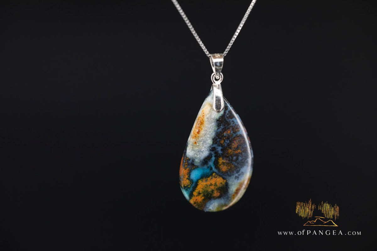 Chrysocolla Bacan - Petrified Wood teardrop - Italian Sterling Silver - Necklace || JF2091