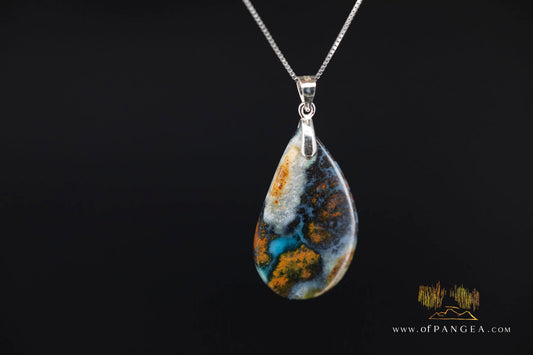 Chrysocolla Bacan - Petrified Wood teardrop - Italian Sterling Silver - Necklace || JF2091