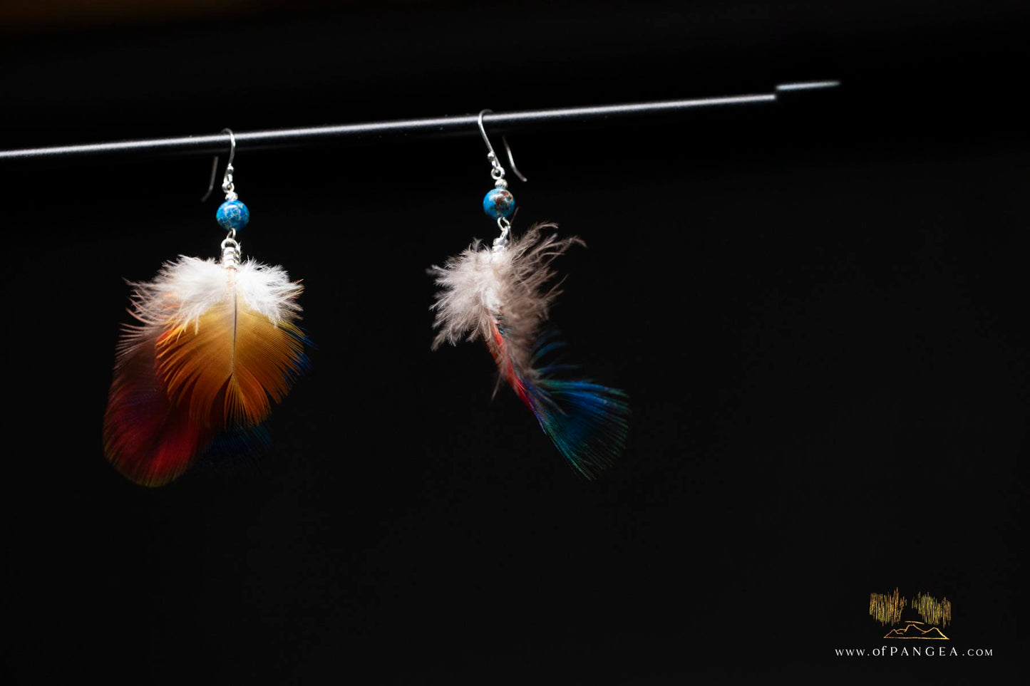 Three feather Parrot and Peacock feather earrings – Jasper - Sterling Silver || JF309