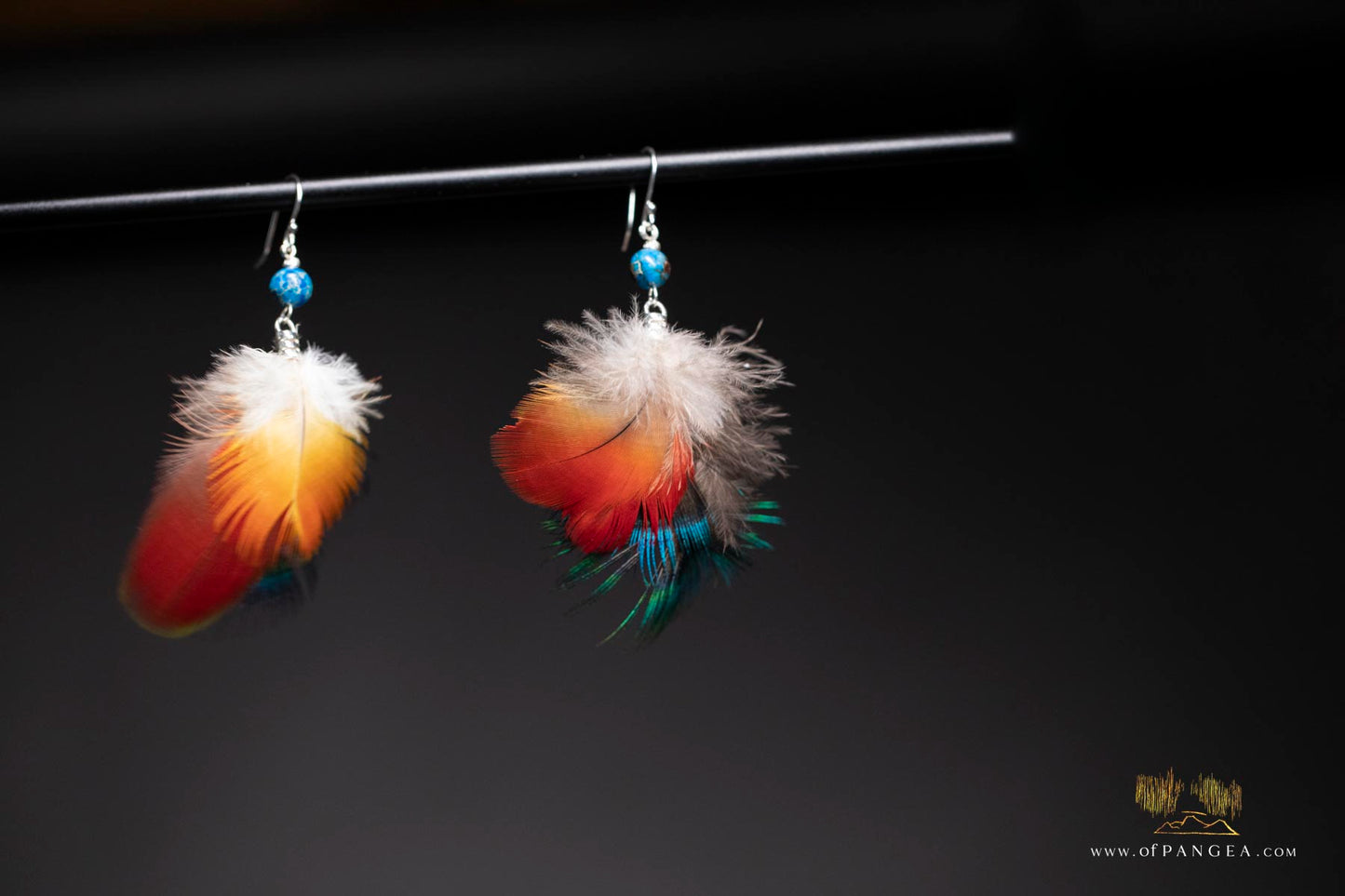 Three feather Parrot and Peacock feather earrings – Jasper - Sterling Silver || JF309
