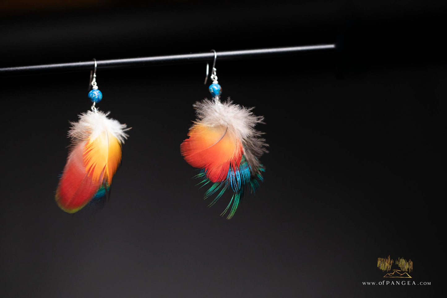 Three feather Parrot and Peacock feather earrings – Jasper - Sterling Silver || JF309