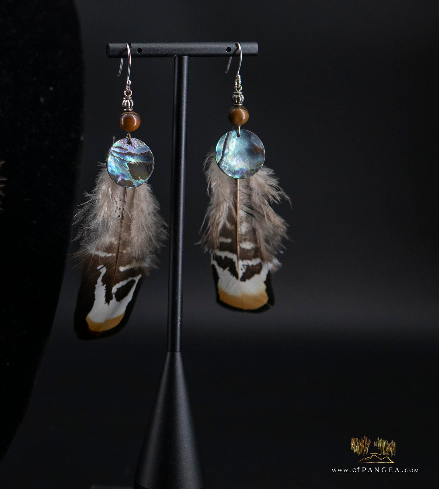 Kwakiutl THUNDERBIRD Earrings - pheasant feather, abalone, tiger's eye - sterling silver || JF310