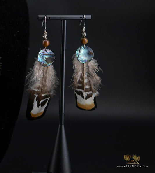 Kwakiutl THUNDERBIRD Earrings - pheasant feather, abalone, tiger's eye - sterling silver || JF310