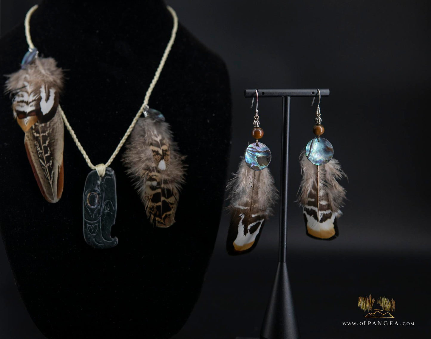 Kwakiutl THUNDERBIRD Earrings - pheasant feather, abalone, tiger's eye - sterling silver || JF310