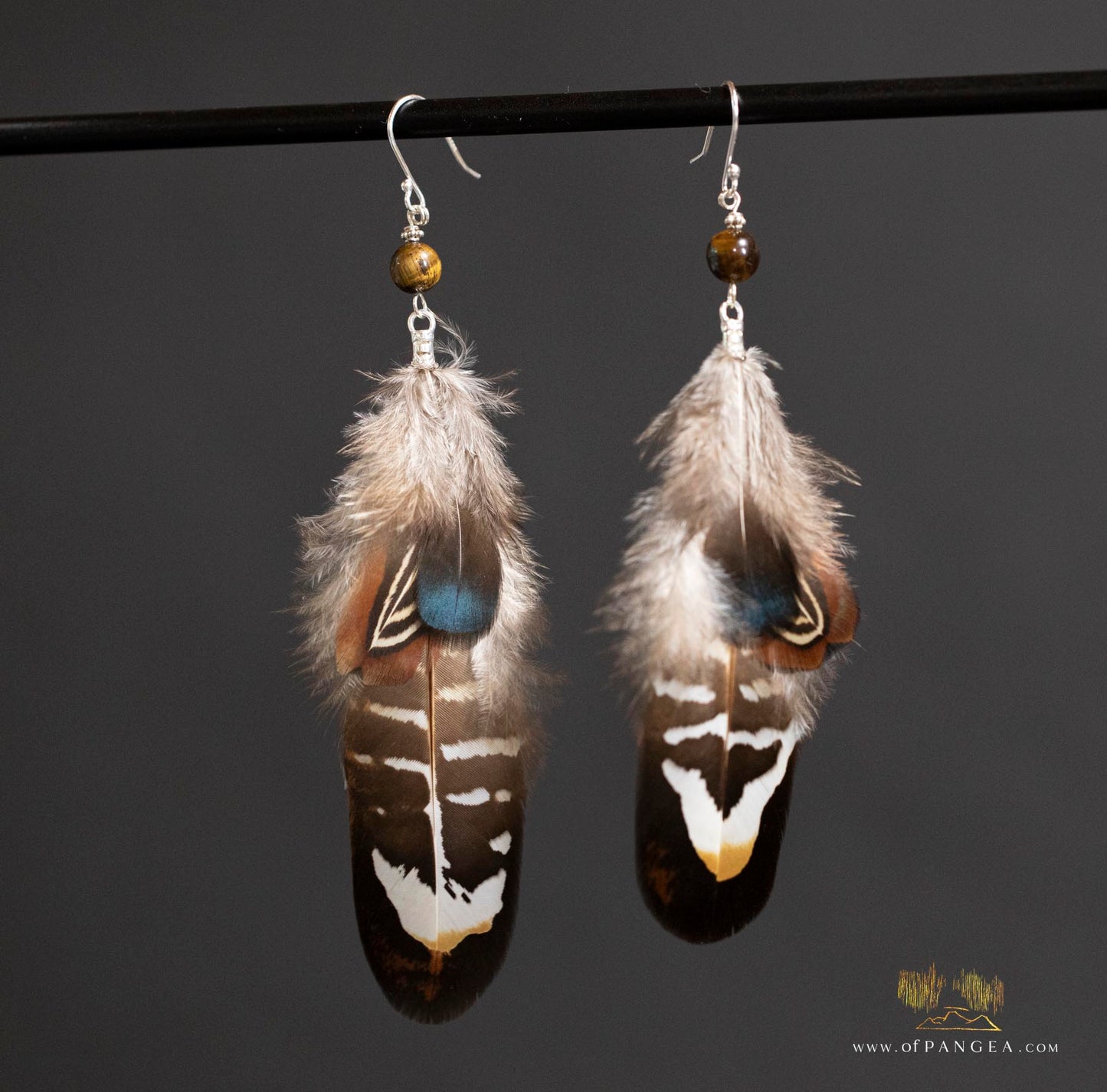 Pheasant Feather Earrings - Yellow Reeves Pheasant, Lady Amherst Blue, and Chocolate – Tiger's Eye Bead - Sterling Silver || JF317