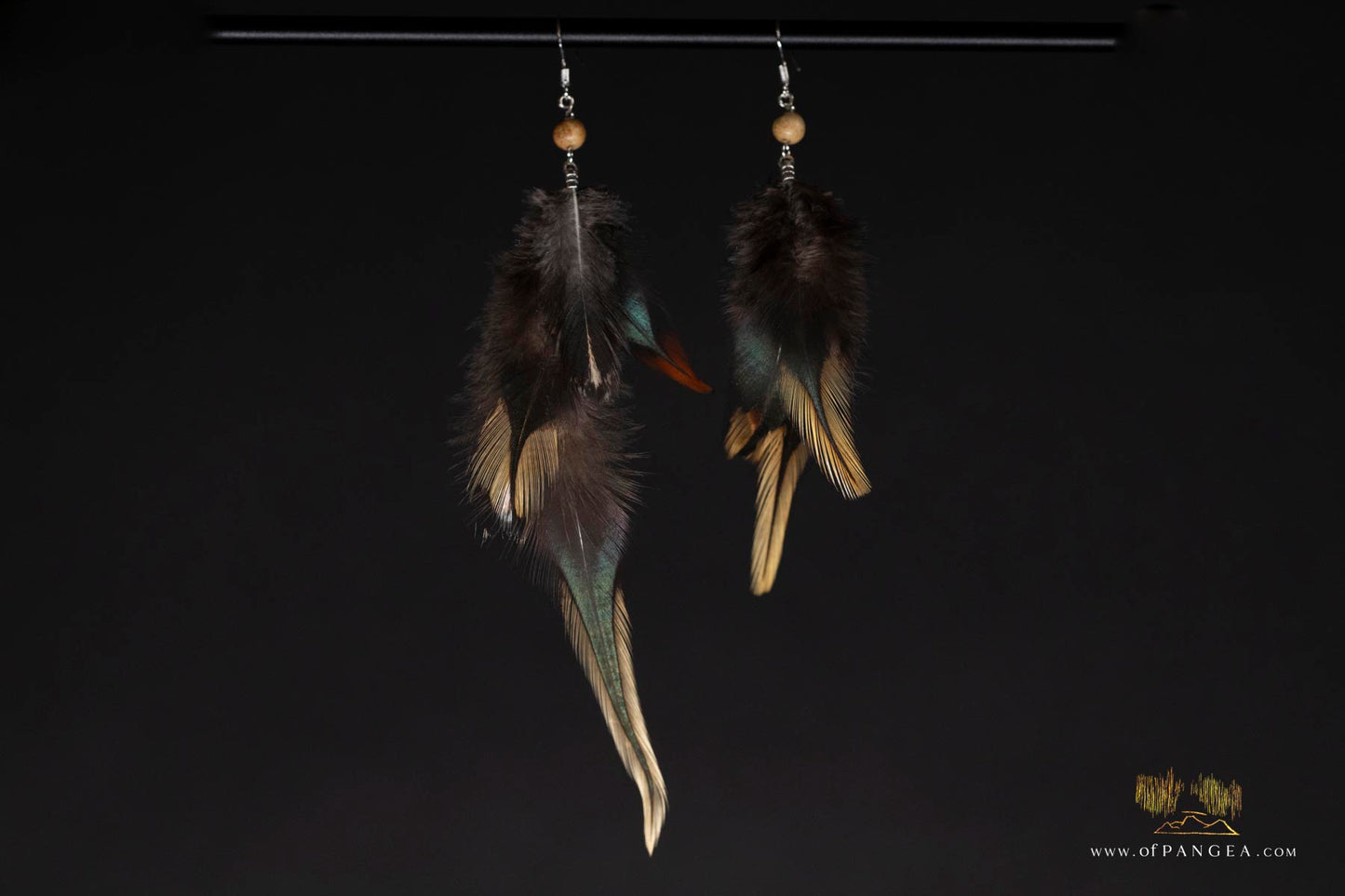 Black and gold feather Earrings - Journal jasper bead - Sterling Silver || JF320