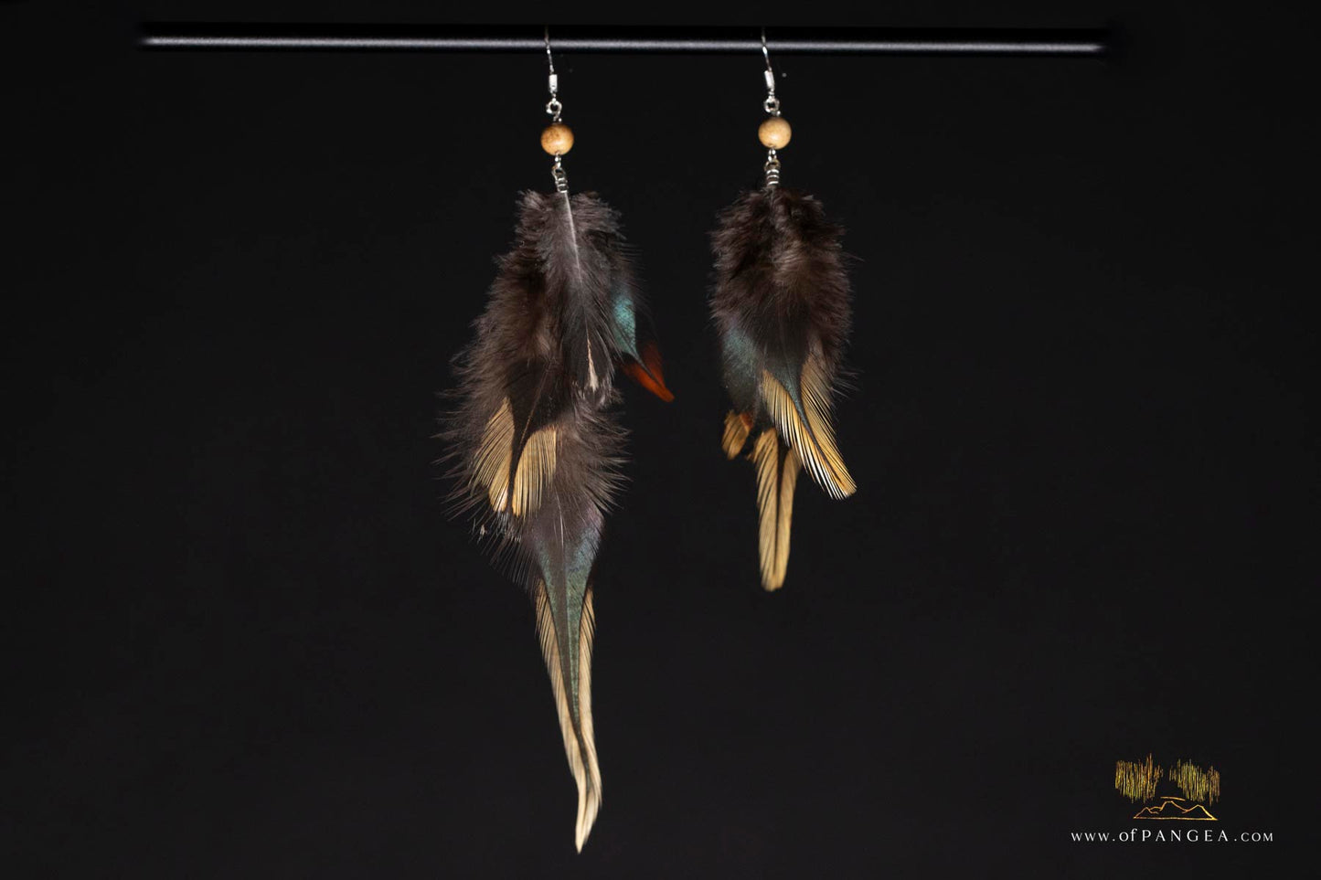 Black and gold feather Earrings - Journal jasper bead - Sterling Silver || JF320