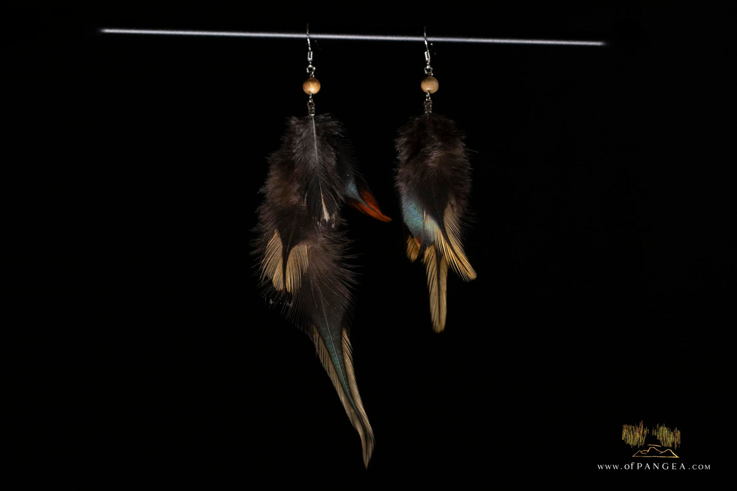 Black and gold feather Earrings - Journal jasper bead - Sterling Silver || JF320