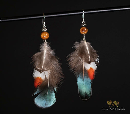 Lady Amherst Feather Earrings – Fire Agate Bead - Sterling Silver || JF323