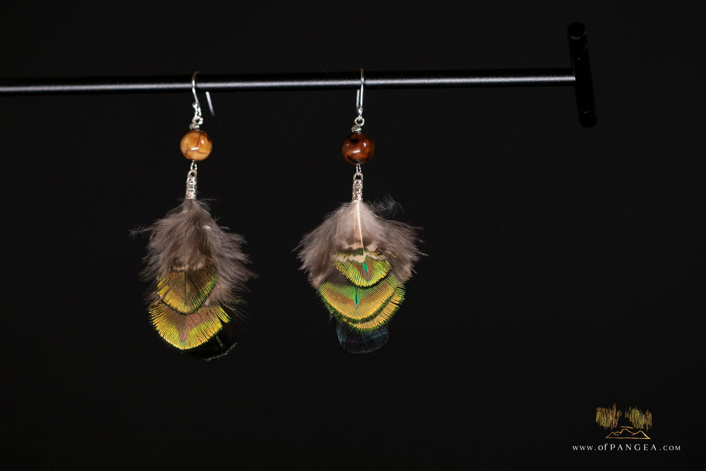 Peacock Feather Earrings – Fire Agate Bead - Sterling Silver || JF329