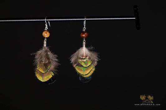 Peacock Feather Earrings – Fire Agate Bead - Sterling Silver || JF329