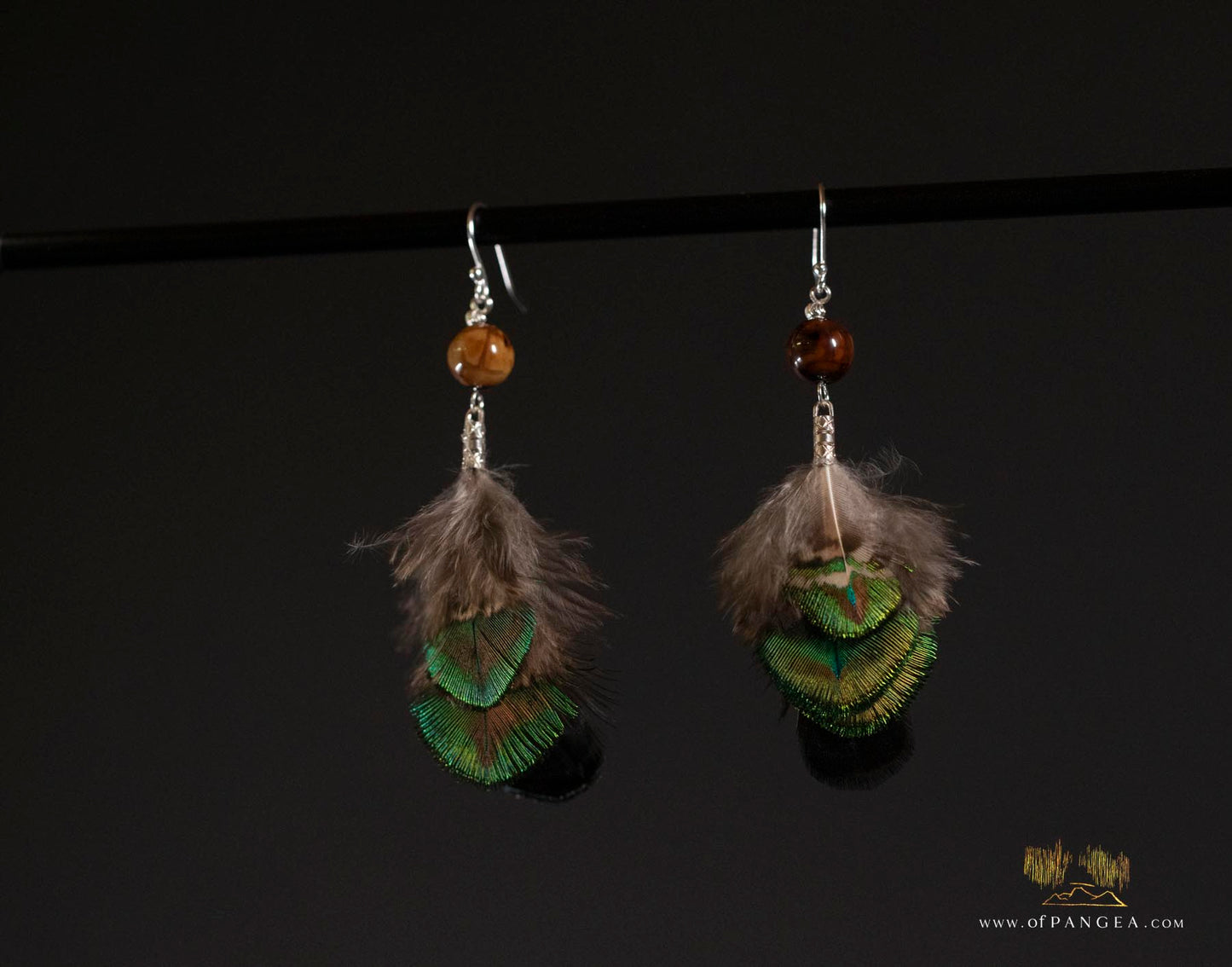 Peacock Feather Earrings – Fire Agate Bead - Sterling Silver || JF329
