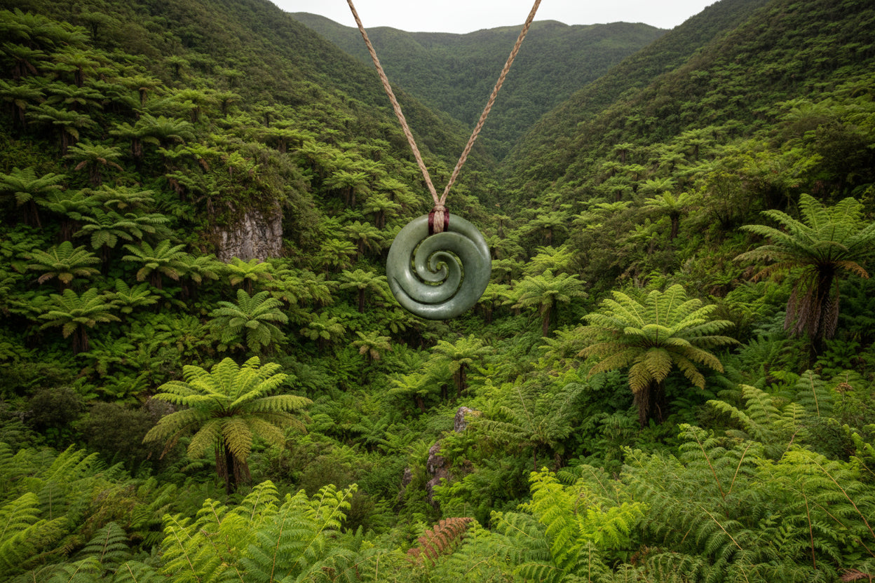 Double koru carved from nephrite jade kawakawa pounamu greenstone