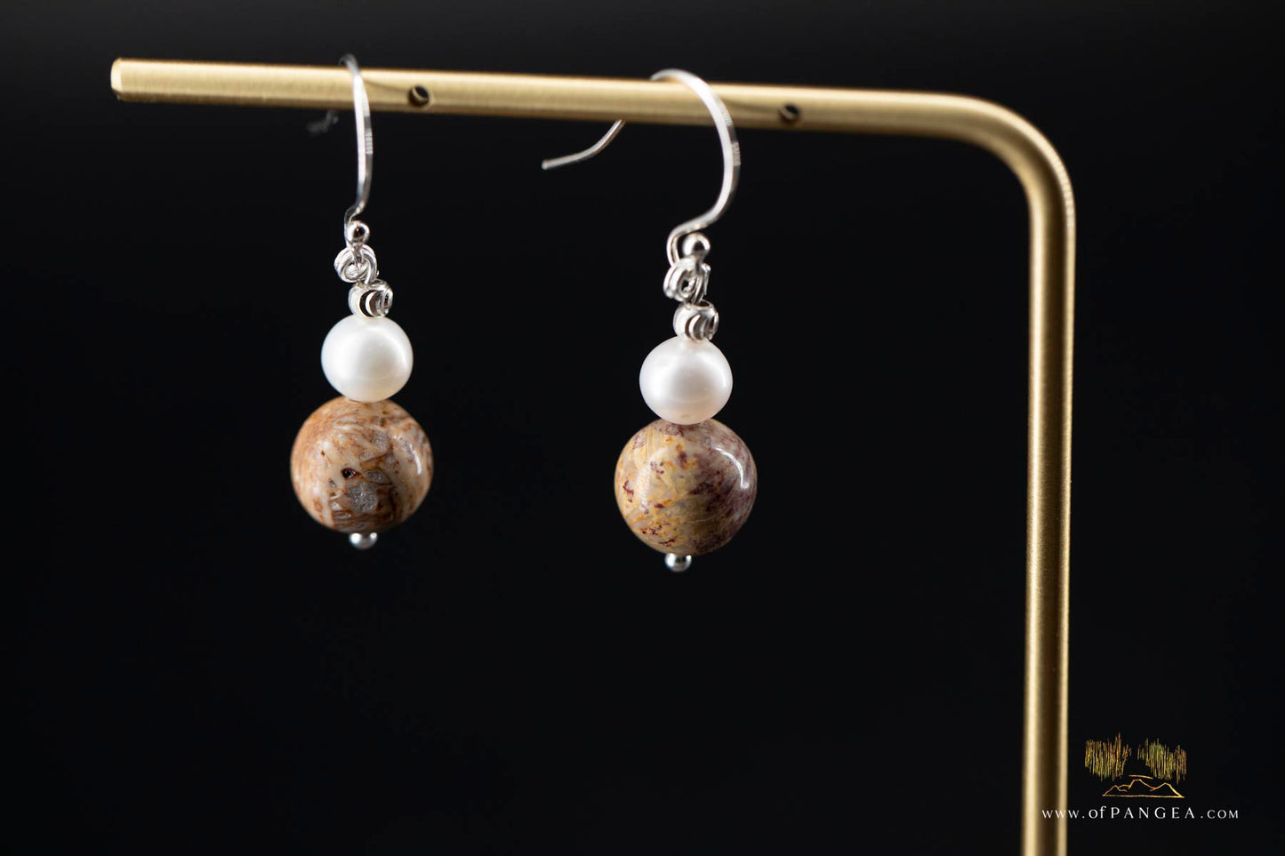 Fossilized Coral, AAA Pearl Earrings - sterling silver || JF641