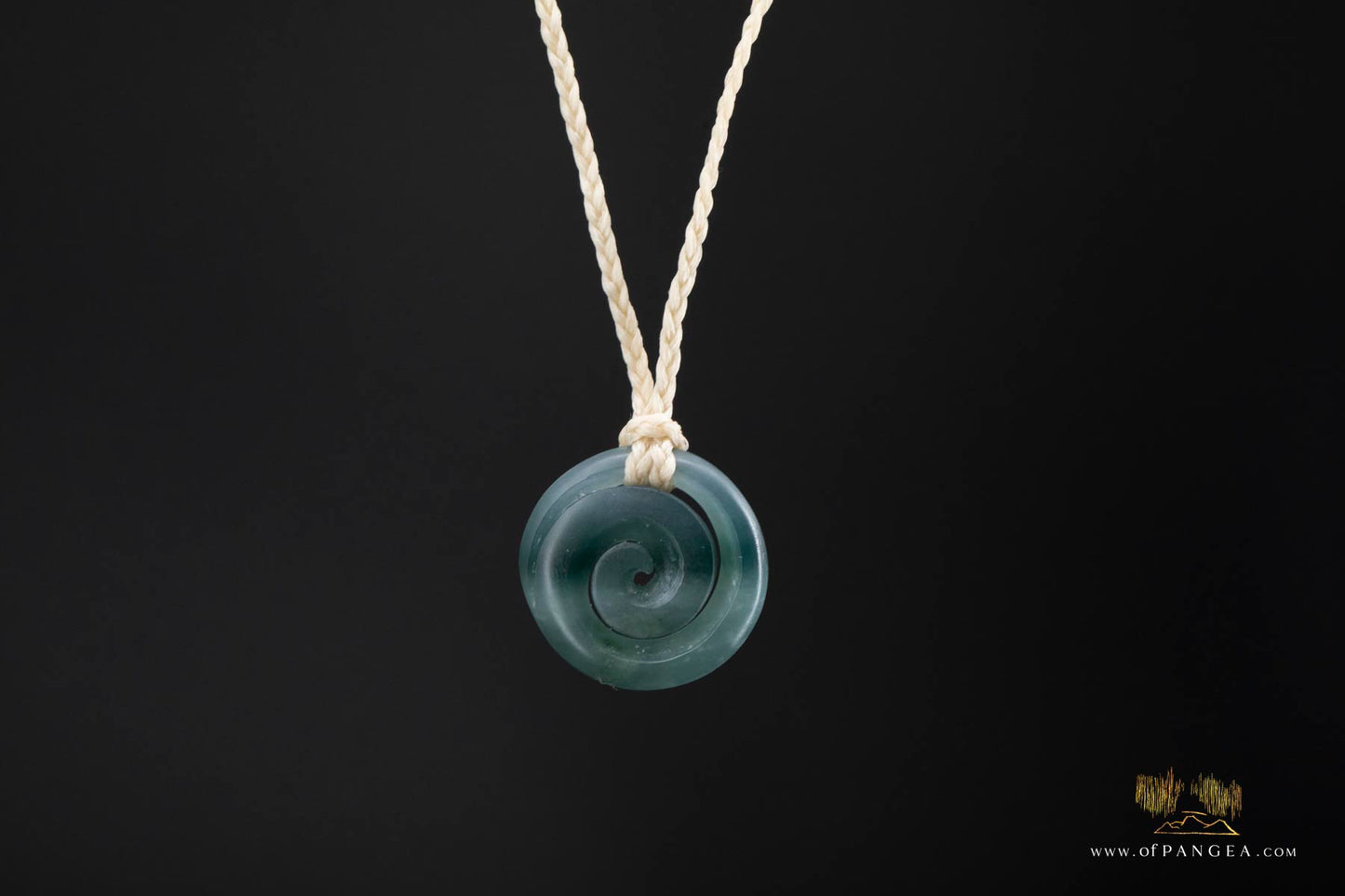 Koru Spiral Pendant – Guatemalan Princesa Jadeite Necklace white four-plaited cord || JF677