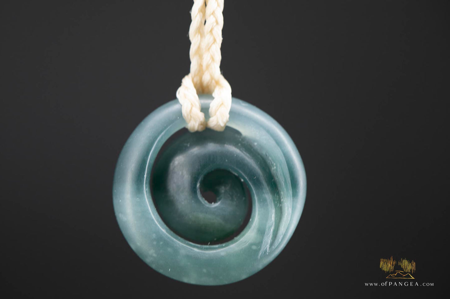 Koru Spiral Pendant – Guatemalan Princesa Jadeite Necklace white four-plaited cord || JF677