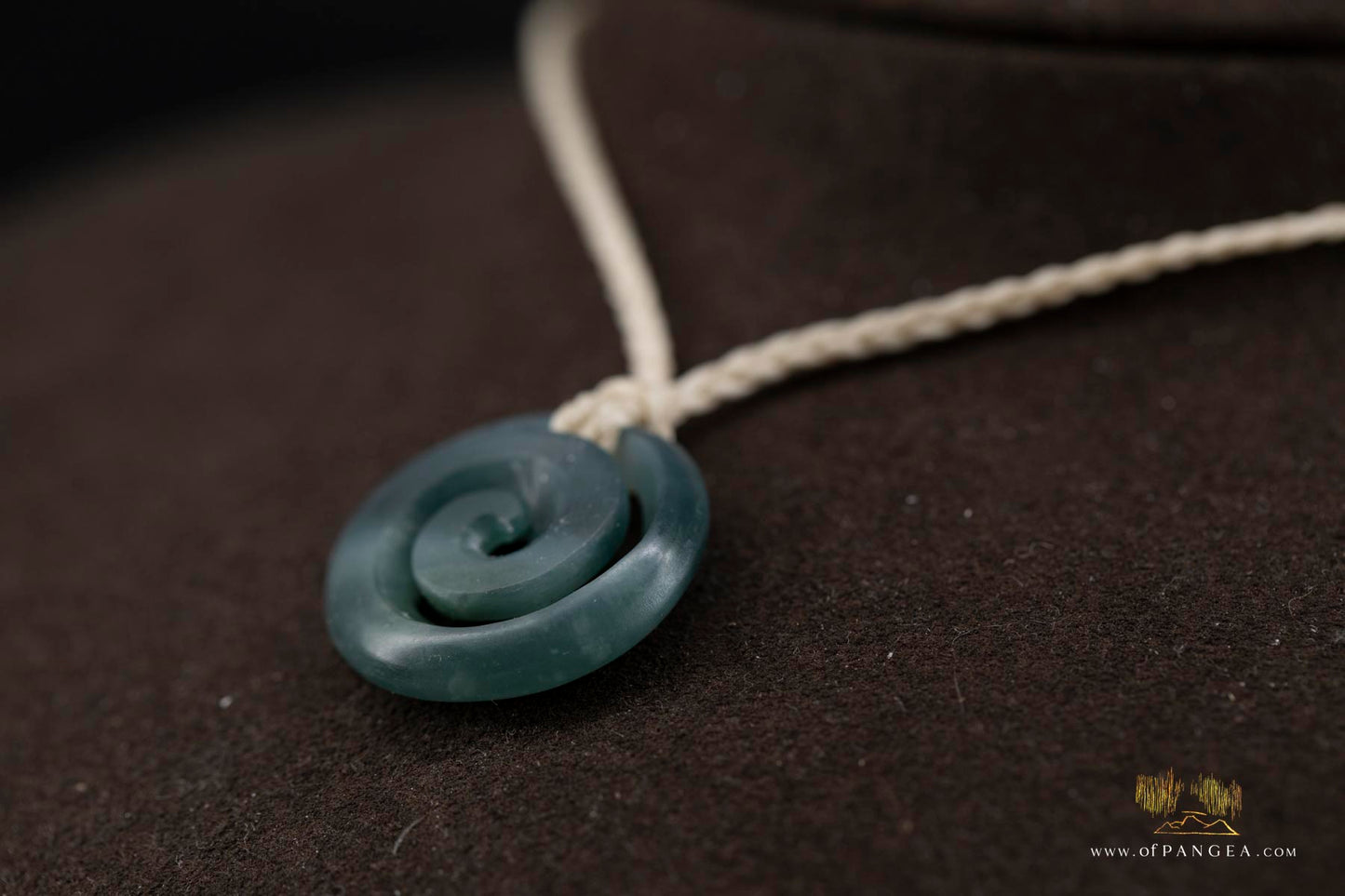 Koru Spiral Pendant – Guatemalan Princesa Jadeite Necklace white four-plaited cord || JF677