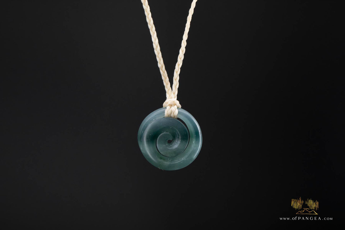 Koru Spiral Pendant – Guatemalan Princesa Jadeite Necklace white four-plaited cord || JF677