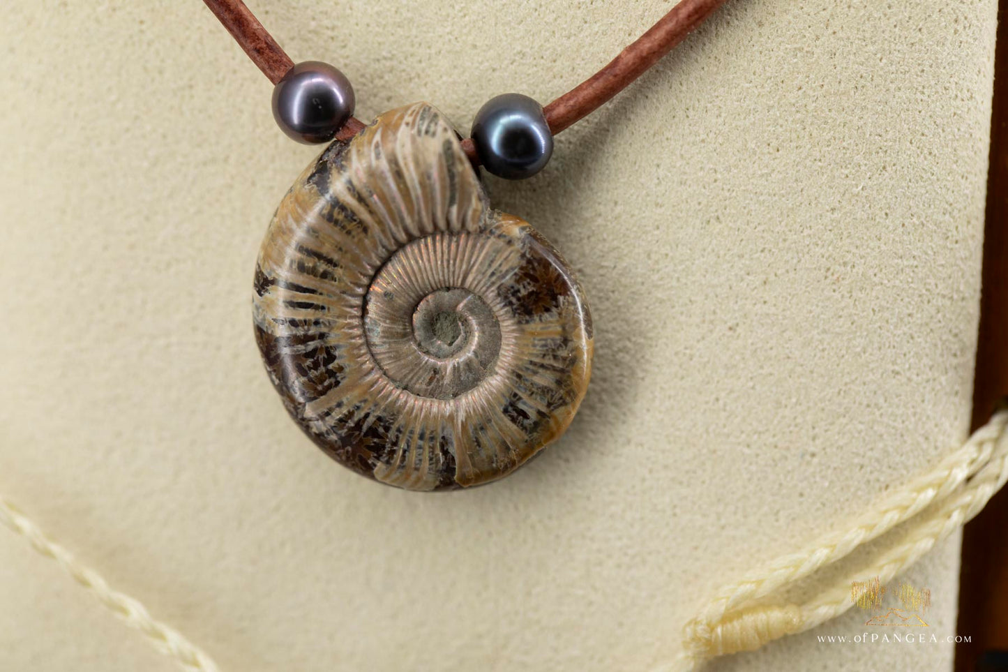 Opalized Ammonite Spiral Shell fossil - AAA Peacock Pearls - italian leather necklace || JF684
