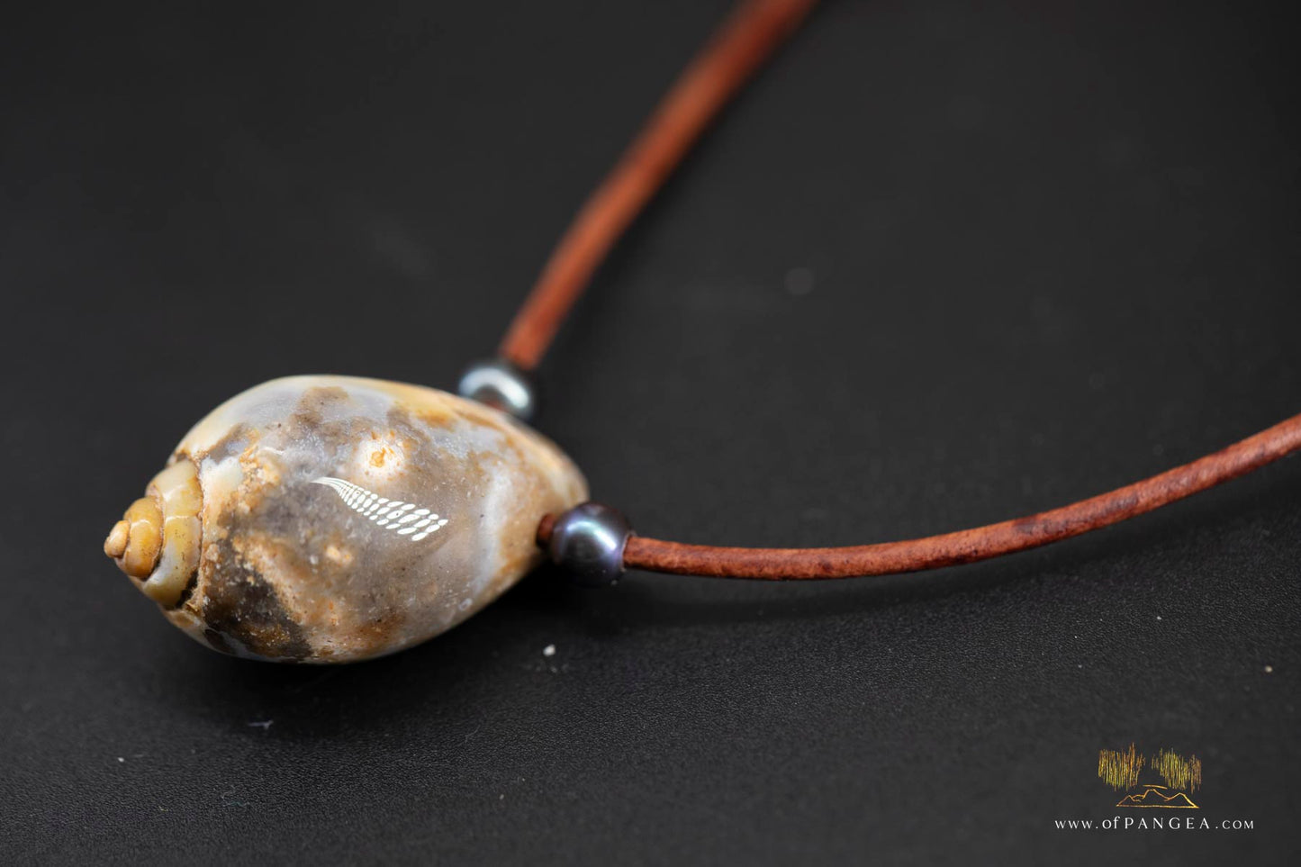 Agatized Spiral Shell fossil and AAA Peacock Pearl - italian leather necklace || JF687