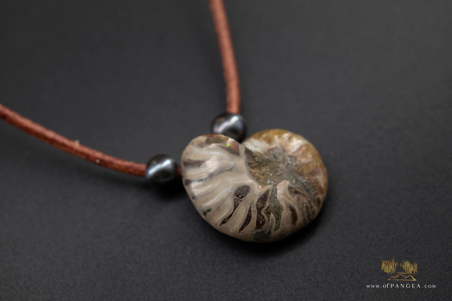 Opalized Ammonite Spiral Shell fossil - AAA Peacock Pearls - italian leather necklace || JF688