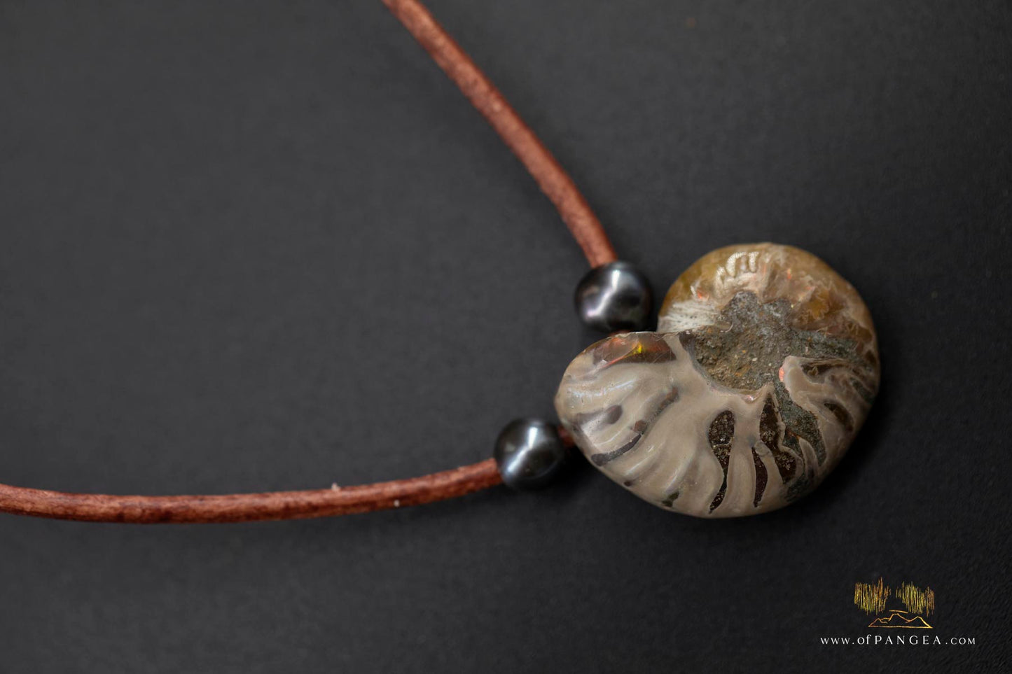 Opalized Ammonite Spiral Shell fossil - AAA Peacock Pearls - italian leather necklace || JF688