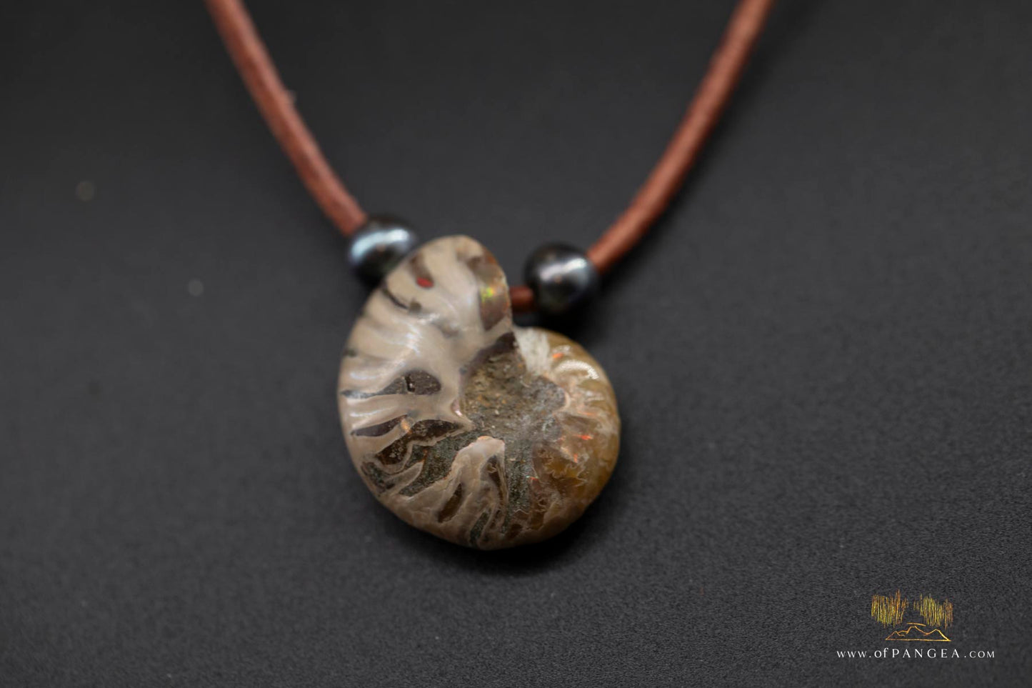 Opalized Ammonite Spiral Shell fossil - AAA Peacock Pearls - italian leather necklace || JF688