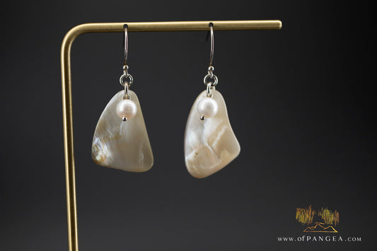 Warm Mother of Pearl freeform Earrings and AAA Pearl - sterling silver || JF694