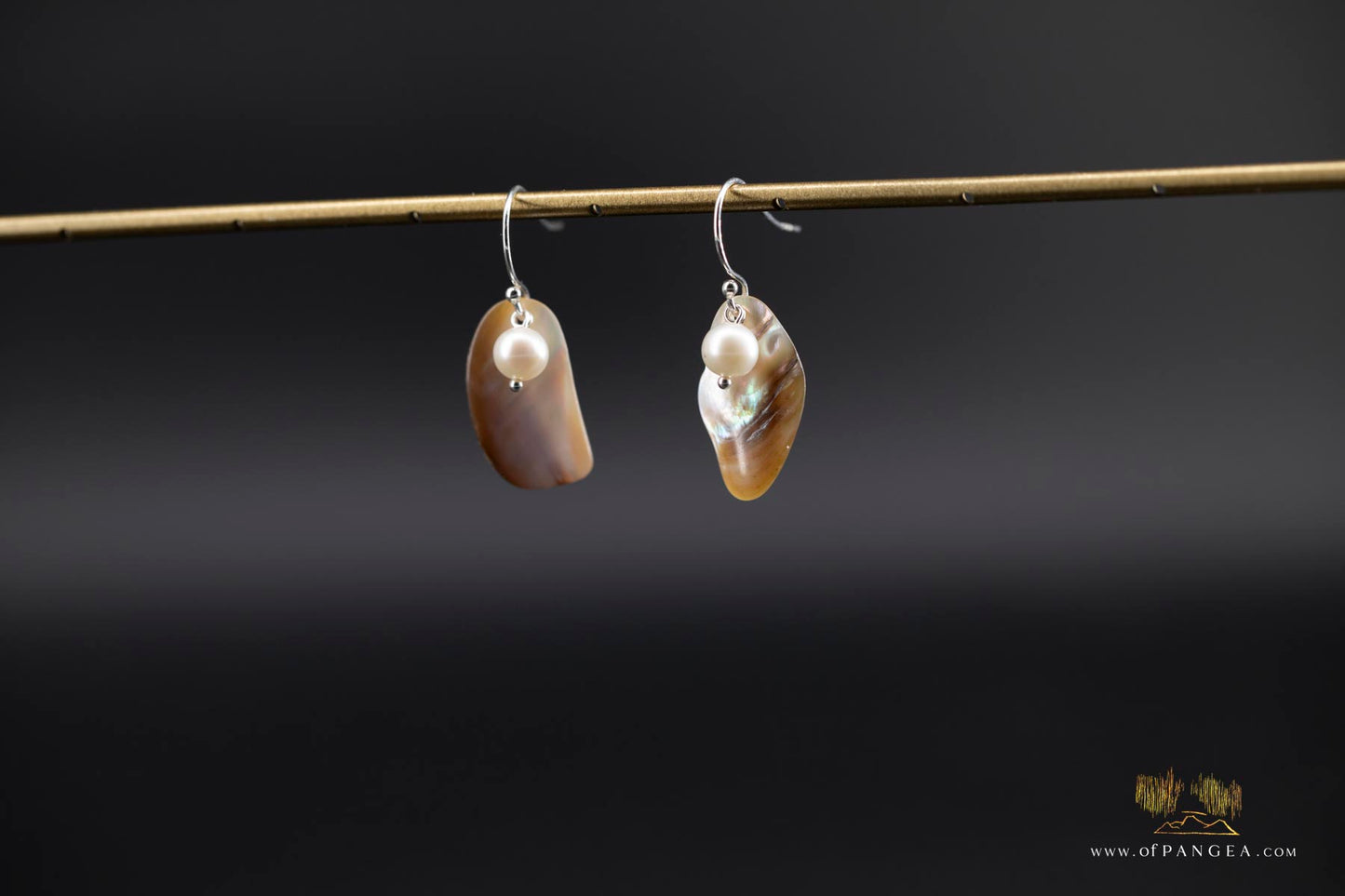 Warm Mother of Pearl freeform Earrings and AAA Pearl - sterling silver