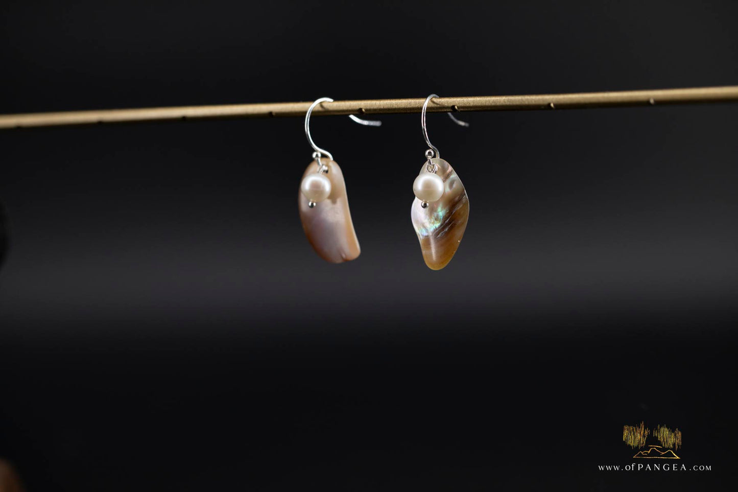 Warm Mother of Pearl freeform Earrings and AAA Pearl - sterling silver