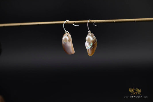 Warm Mother of Pearl freeform Earrings and AAA Pearl - sterling silver