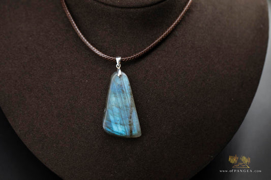 Labradorite adze pendant necklace - italian leather, sterling silver lobster clasp