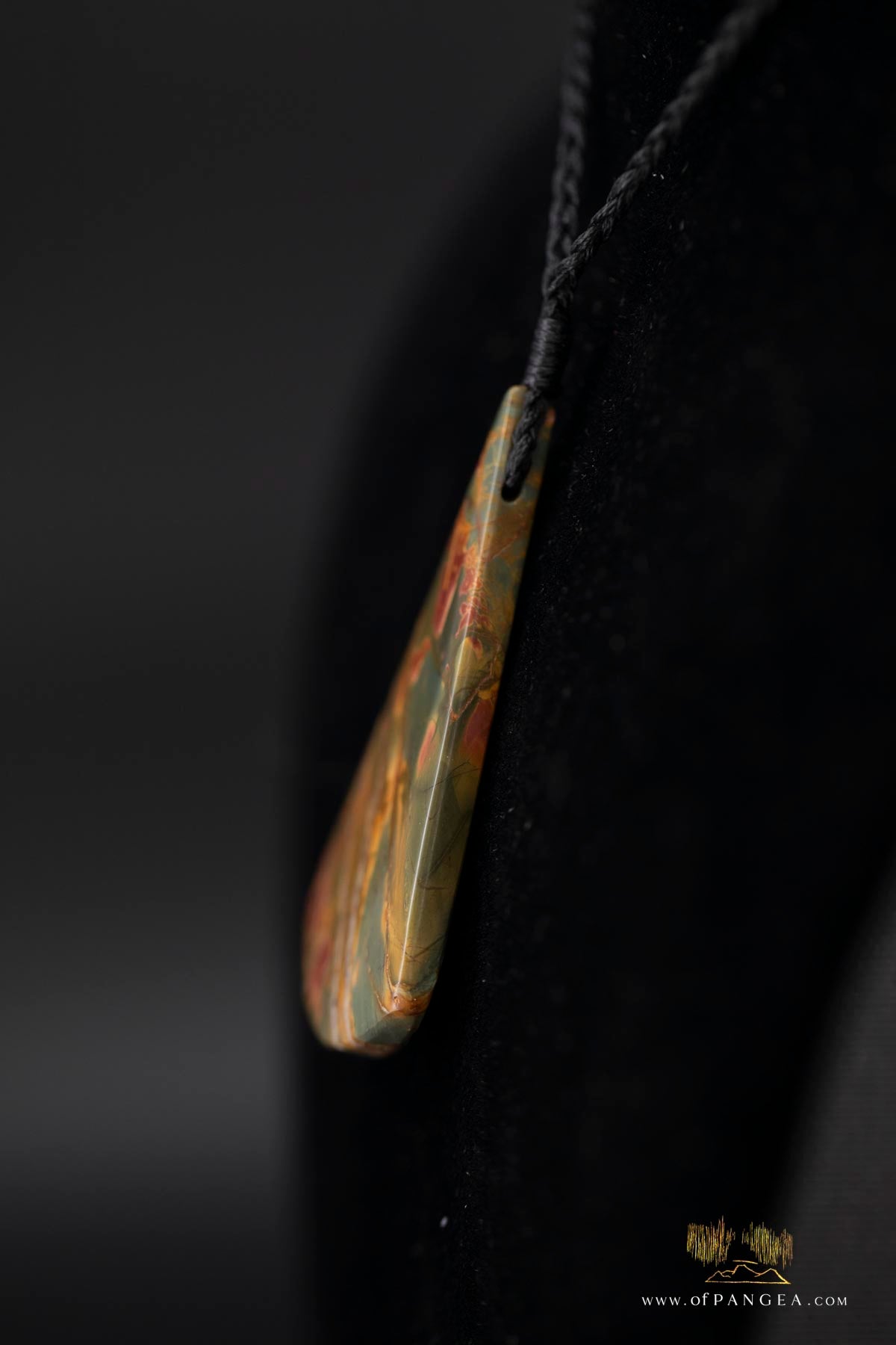 Picasso Jasper Fan Pendant - statement necklace plaited black cord (Red Creek) || JF747