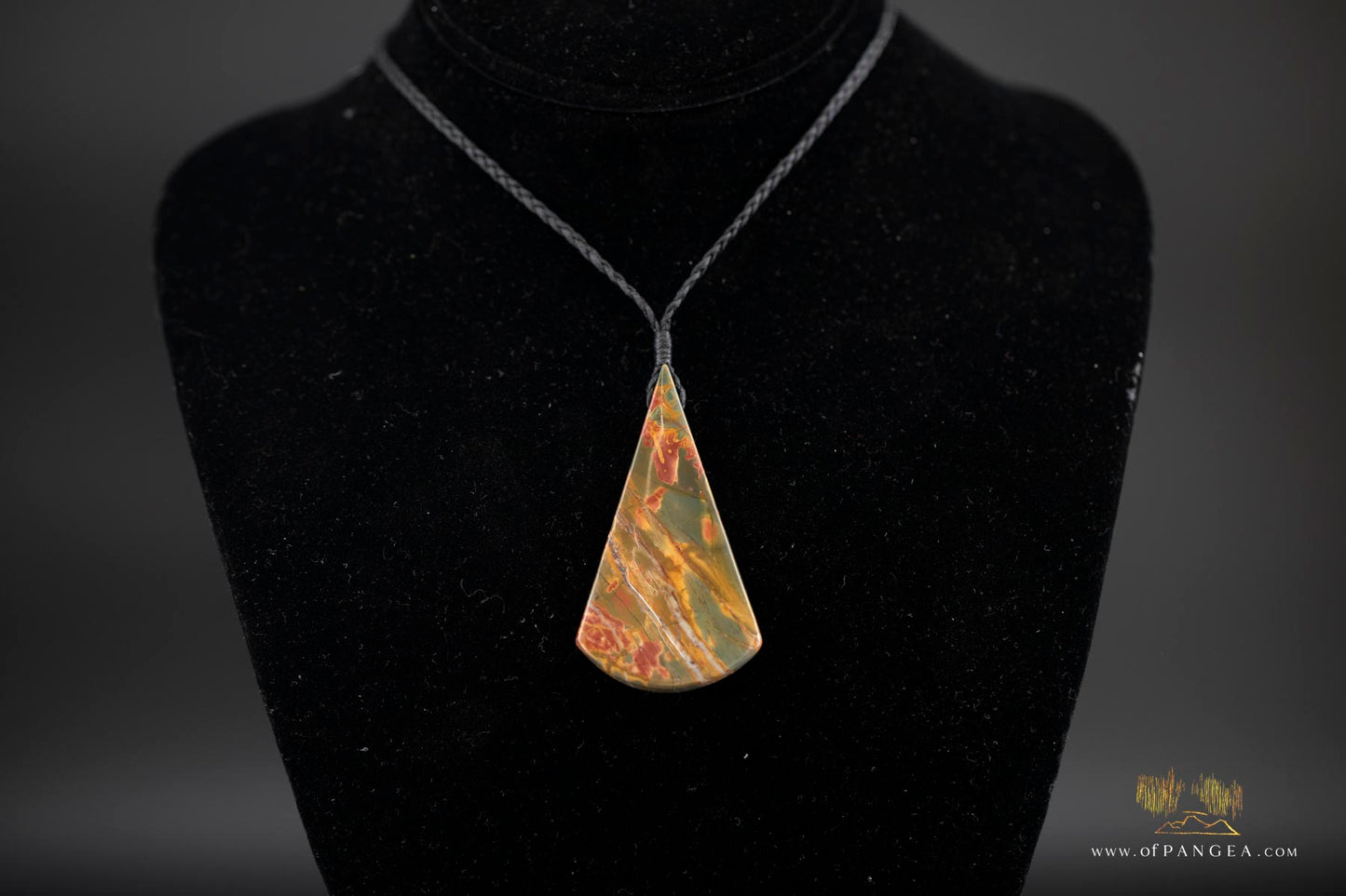Picasso Jasper Fan Pendant - statement necklace plaited black cord (Red Creek) || JF747