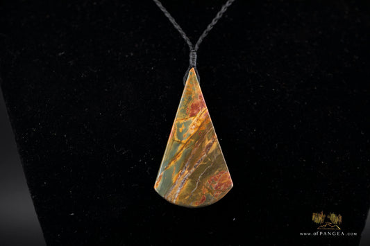 Picasso Jasper Fan Pendant - statement necklace plaited black cord (Red Creek) || JF747