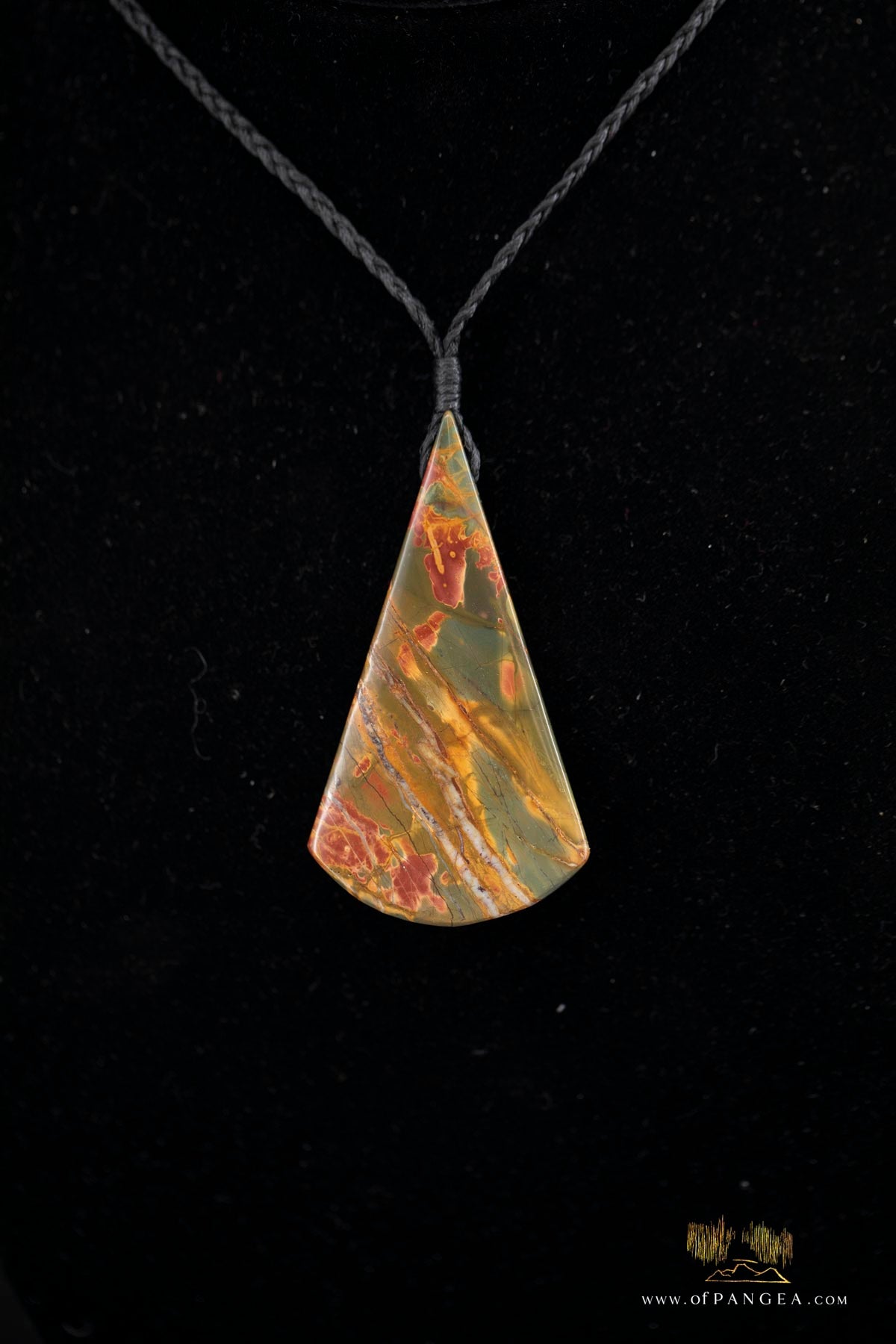 Picasso Jasper Fan Pendant - statement necklace plaited black cord (Red Creek) || JF747