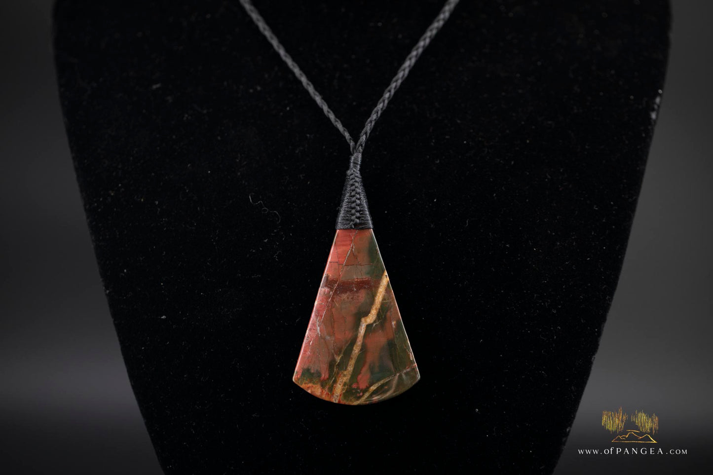 Picasso Jasper Fan Pendant - statement necklace plaited black cord (Red Creek) || JF748