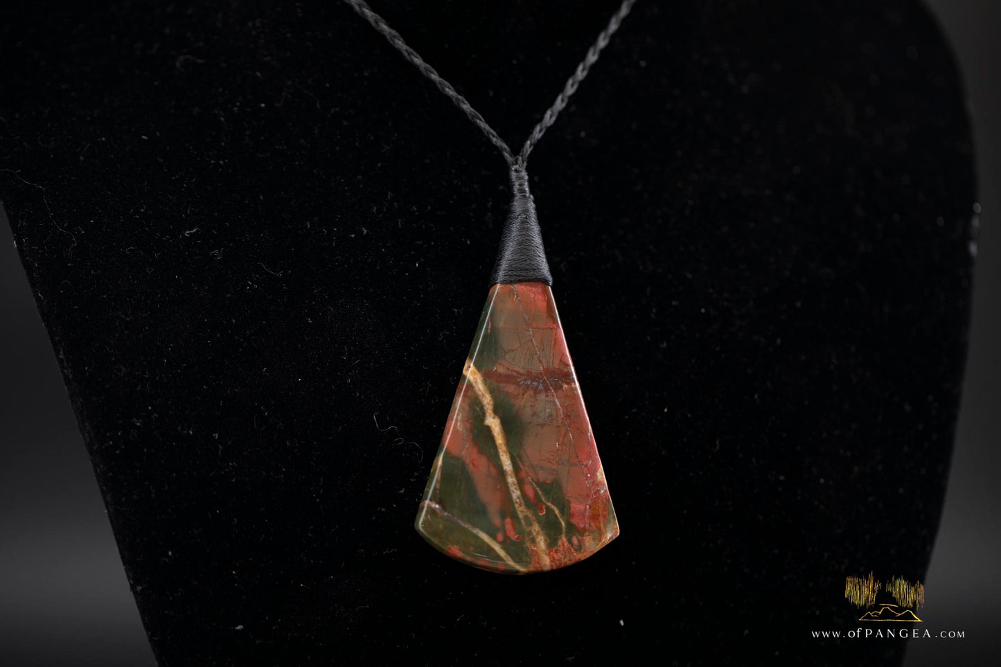 Picasso Jasper Fan Pendant - statement necklace plaited black cord (Red Creek) || JF748