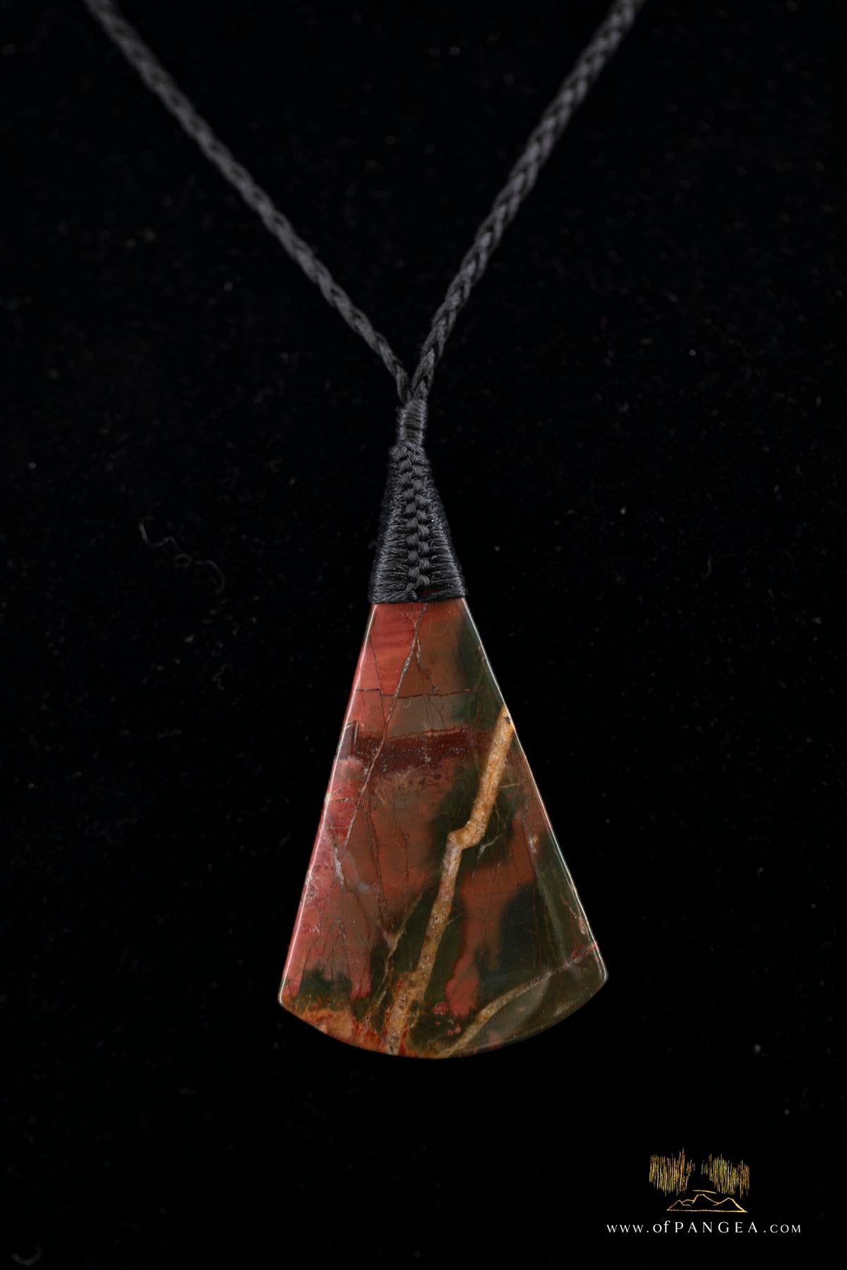 Picasso Jasper Fan Pendant - statement necklace plaited black cord (Red Creek) || JF748
