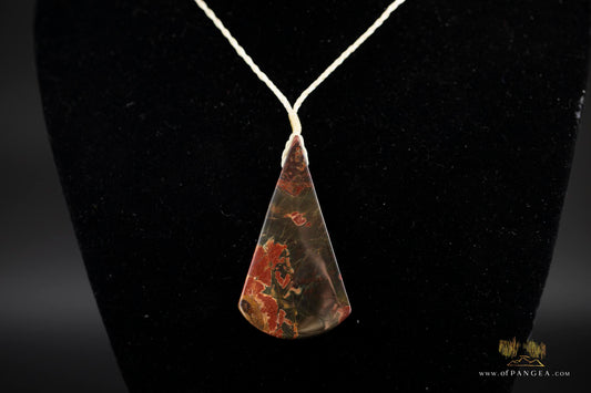 Picasso Jasper Fan Pendant - statement necklace plaited white cord (Red Creek) || JF749
