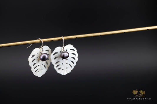 Monstera Leaf Mother of Pearl Earrings - AA Peacock Pearls - sterling silver