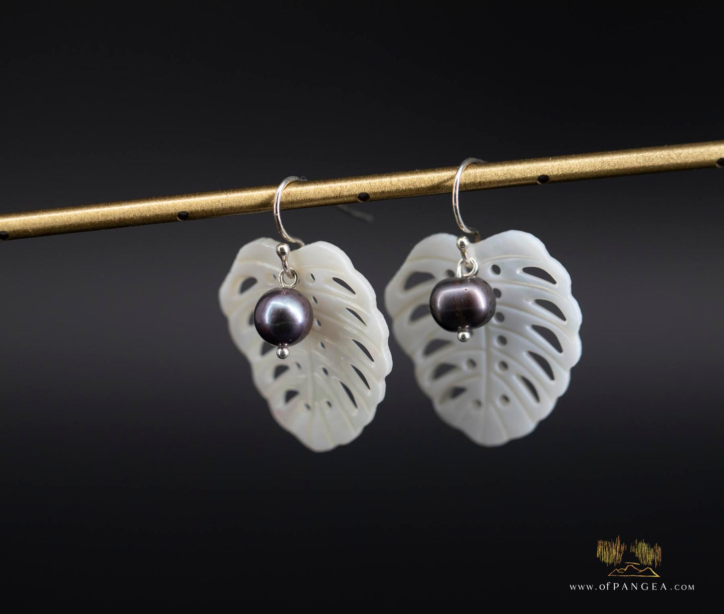 Monstera Leaf Mother of Pearl Earrings - AA Peacock Pearls - sterling silver