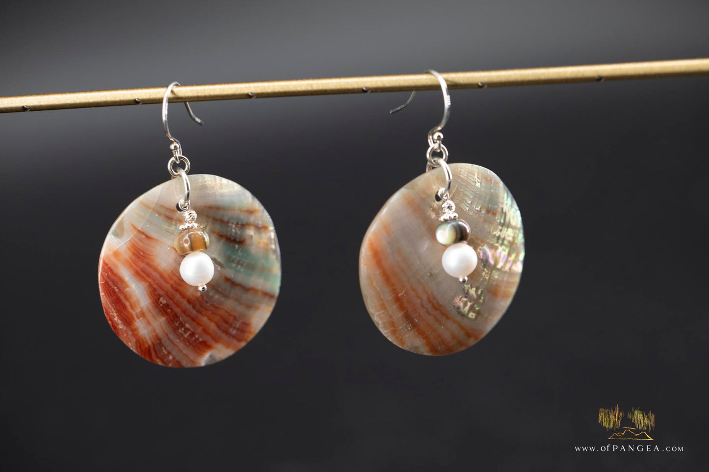 Red Abalone Circle (Mother of Pearl) Earrings - AAA Pearl, Abalone bead, sterling silver
