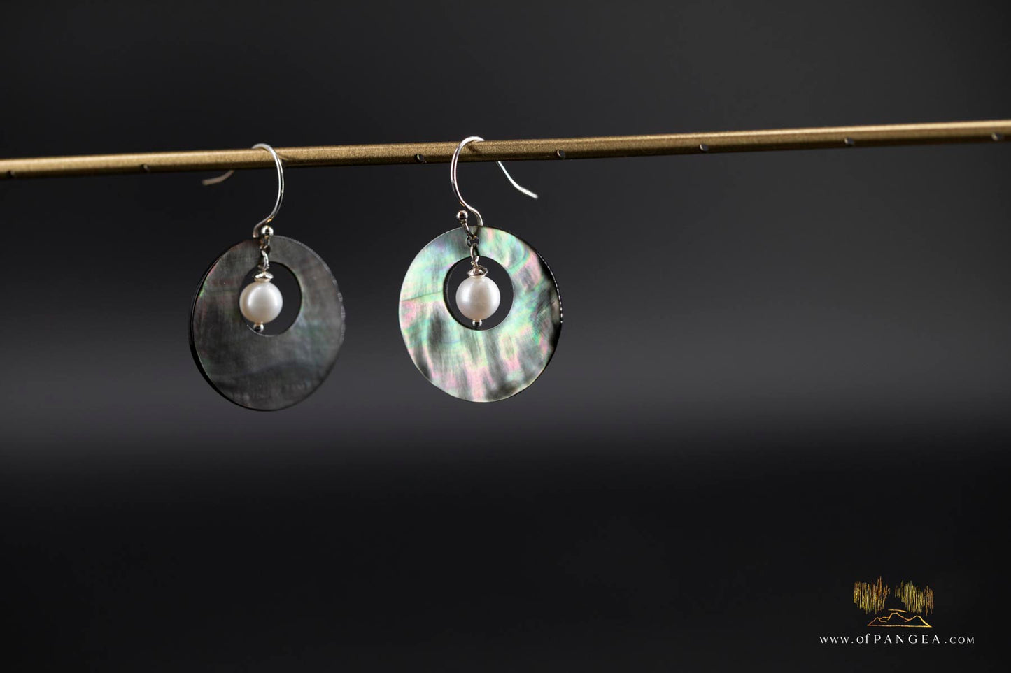 Tahitian Black-Lipped Mother of Pearl Window disc Earrings and AAA Pearl - sterling silver