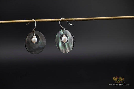 Tahitian Black-Lipped Mother of Pearl Window disc Earrings and AAA Pearl - sterling silver